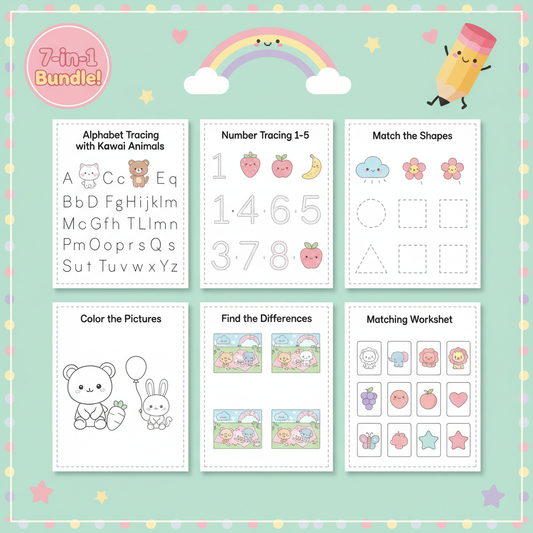Kawaii Preschool Activity Worksheet Bundle Product Image