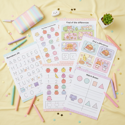 Kawaii Preschool Activity Worksheet Bundle Mockup