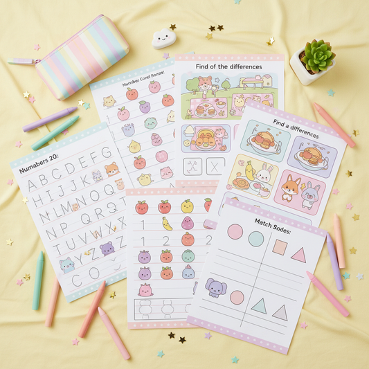 Kawaii Preschool Activity Worksheet Bundle Mockup