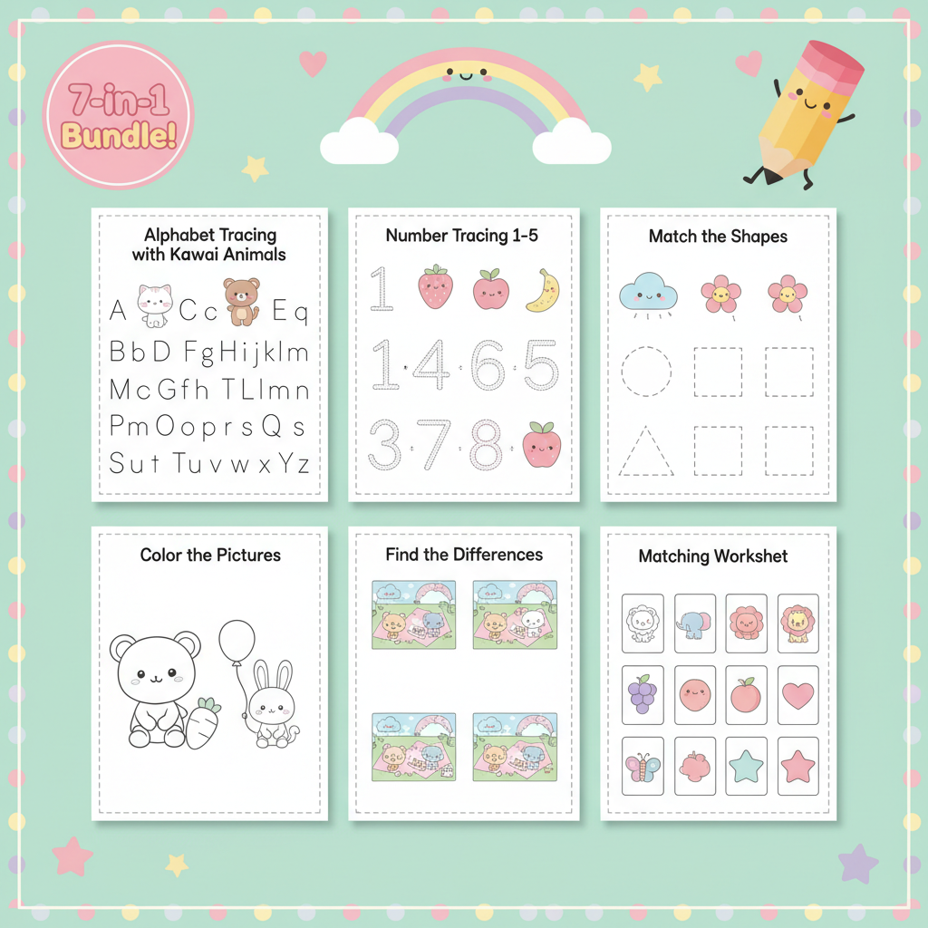 Kawaii Preschool Activity Worksheet Bundle Product Image
