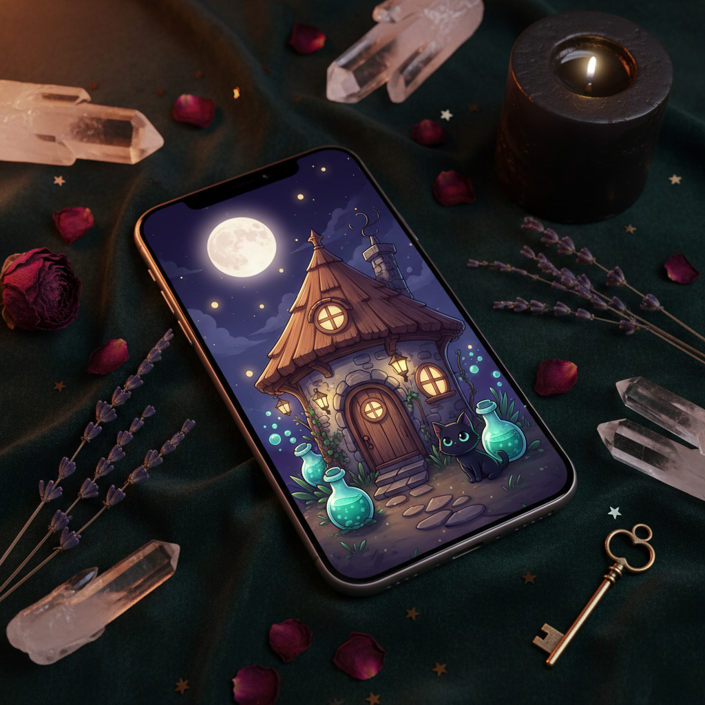Kawaii Witch's Cottage Wallpaper Mockup